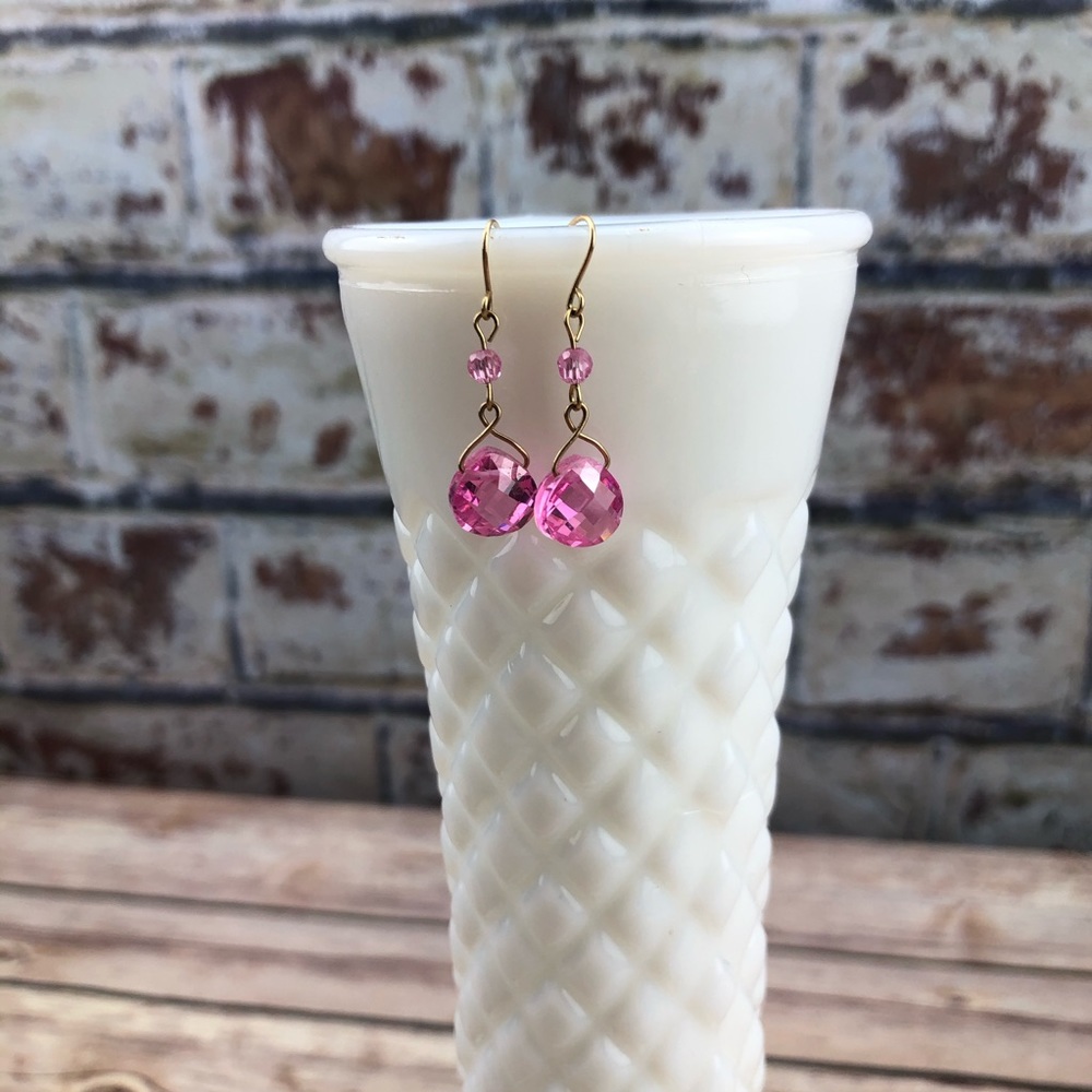 Handmade Pink Rhinestone Earrings - Picture 2 of 4